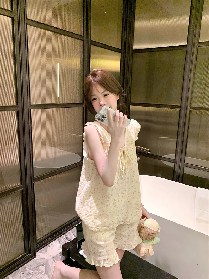 Pure Cotton Gauze Pajamas Women's Summer Short-sleeved Korean  Sweet Girl Floral V-neck Sexy Suspender Lace Loungewear Set