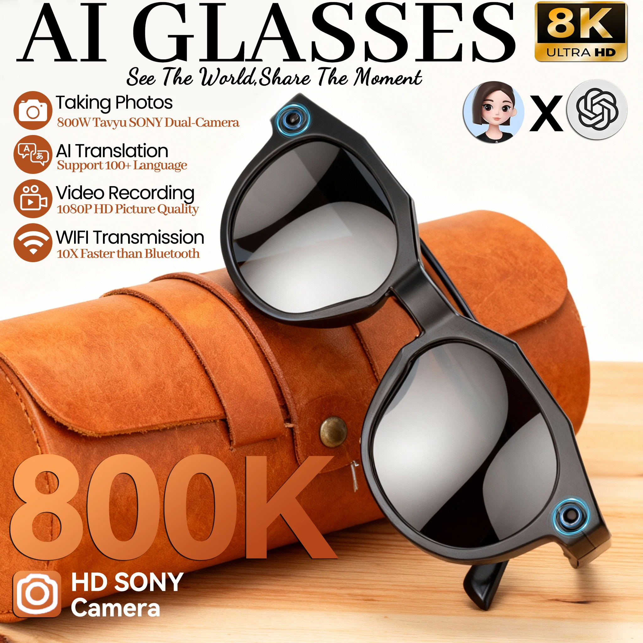 

2026New 8K HD 800W Pixel Camera AI Smart Glasses Men Bluetooth Call 4GB WIFI Transmission Music Player Translation Glasses Women
