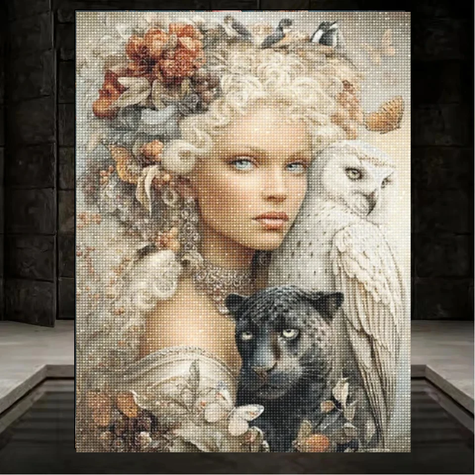 DIY Diamond Painting Portrait Female Cat Bird Animal Flowers Full Circle Square Diamond Mosaic Embroidery Handmade Wall Decor - view 3