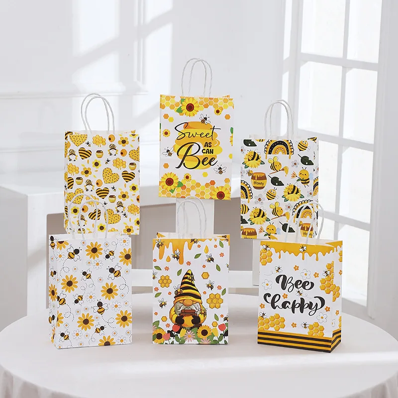 6pc Sunflower Honey Bees Theme Gift Packing Bag Paper Candy Favor Box Shopping Tote for Birthday Baby Shower Wedding Party Decor