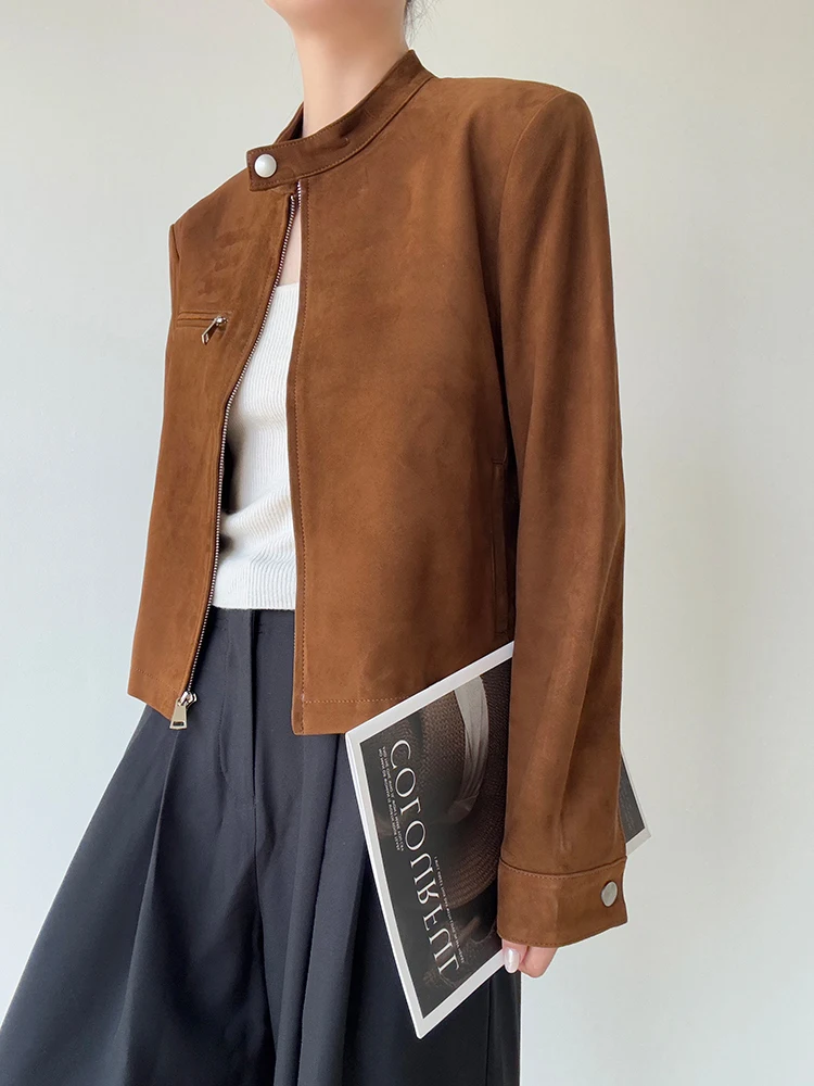 سترات كلاسيكية قصيرة من الجلد الطبيعي من جلد الغزال للنساء لربيع وخريف 2025 معطف جديد عالي الجودة بسيط بياقة واقفة معطف من جلد الغنم الحقيقي النحيف #4