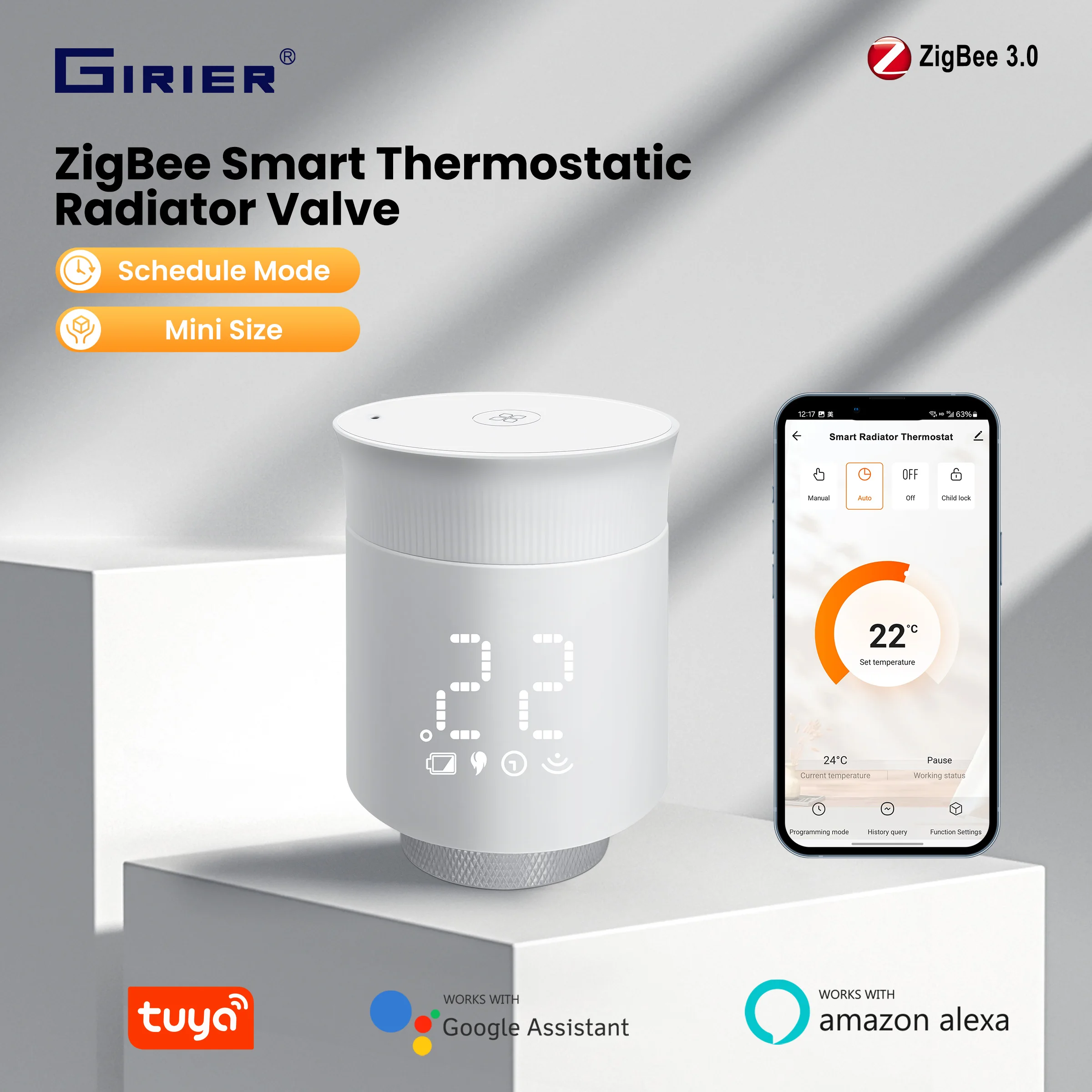 

GIRIER ZigBee Radiator Thermostat Smart Home Thermostatic Radiator Valve TRV Programmble Temperature Controller Works with Alexa