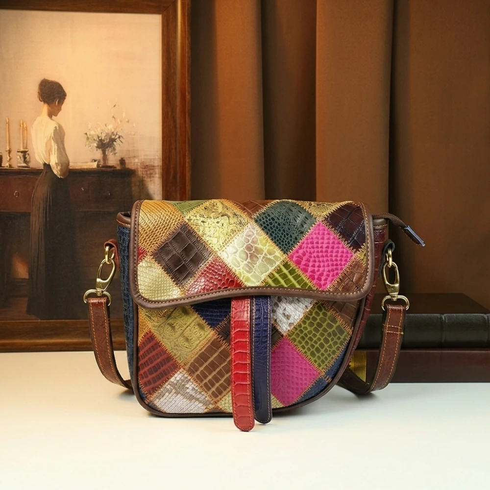Luxury Genuine Leather Colorful Patchwork Shoulder Bag Women Vintage Boho Crossbody Bag Real Cowhide Crocodile Print Saddle