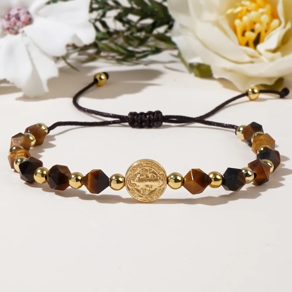 1PC retro 4mm bronze beads Jesus card cut surface yellow tiger eye half gem can be adjusted bracelet