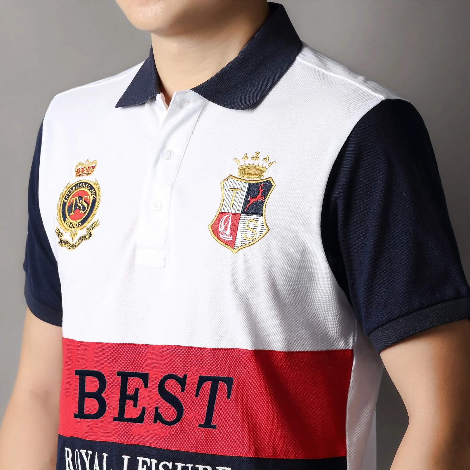 New polo shirt men\'s embroidery patchwork color contrast slim classic fashion original design polo collar pure cotton breathable