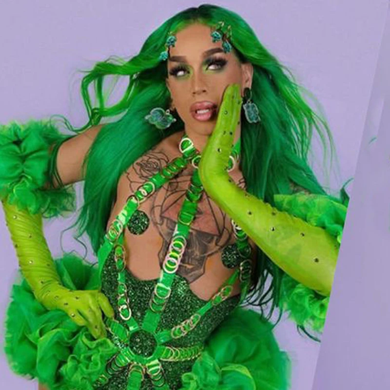 Exaggerated Green Lace Strap Ruffle Dress Wigs Set Pole Dance Clothes Gogo Dancer Costume Nightclub Dj Ds Rave Outfit XS4680