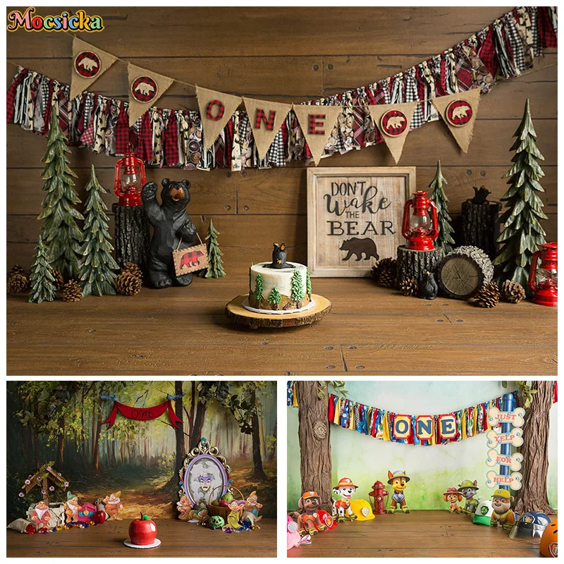 Mocsicka Baby 1st Birthday Party Photography Background Fairytale World Forest Backdrop Cake Smash Customisable Banner Studio