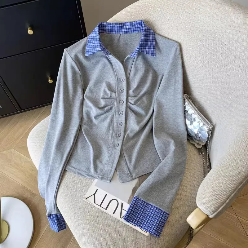 

Повседневный женский вязаный топ с длинным рукавом, в клетку, с отворотом, в стиле колор-блок, для ранней весны, модный