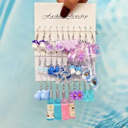 30pcs Cartoon Night Light Candy Color Matching Resin Earrings Wine Bottle Starfish Conch Mushroom Combination Set