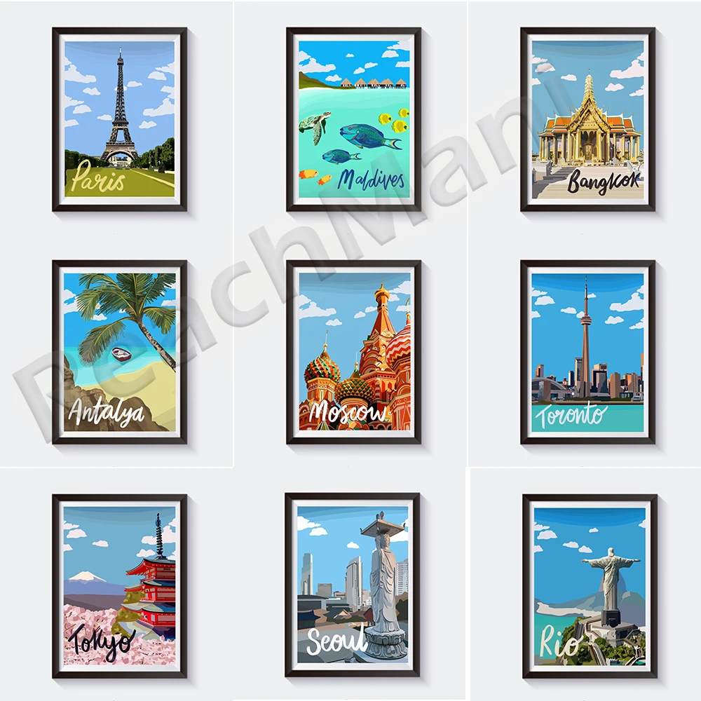 Turkey, Paris, Maldives, Seoul, Moscow, Vietnam, Brazil Rio de Janeiro, Seychelles Africa, St Thomas, Thailand travel poster