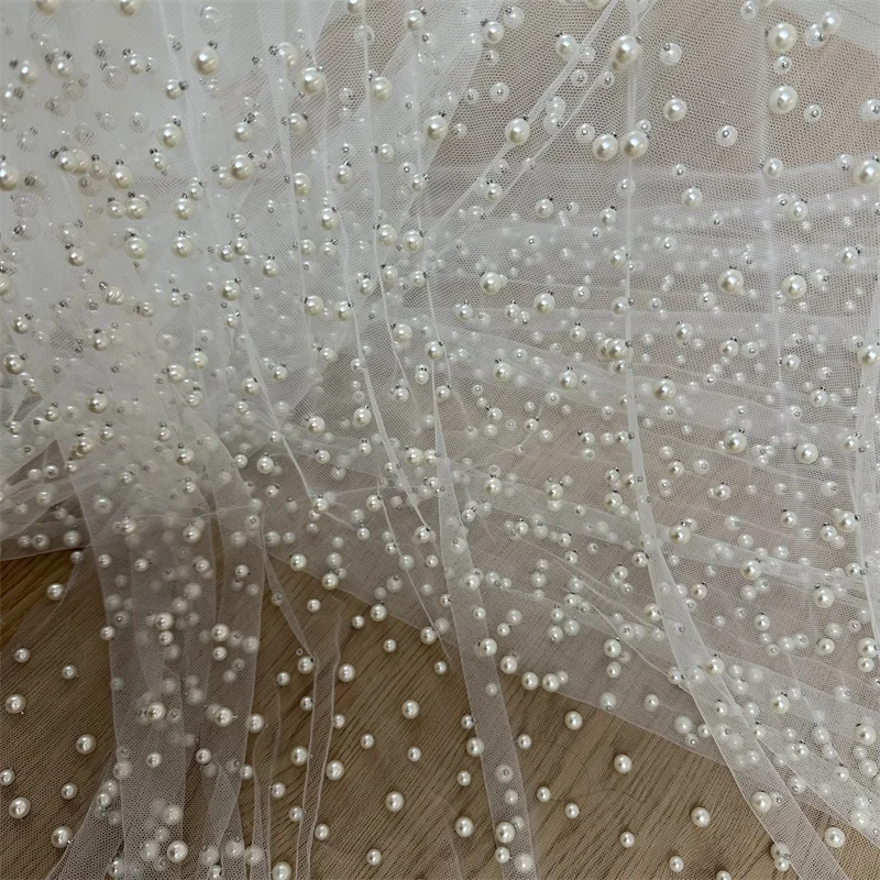 High Quality Hot Style Quality Off White  Heavy Rich Pearls Wedding Dress Gown Tulle Lace Fabric Unique French  Lace Fabric