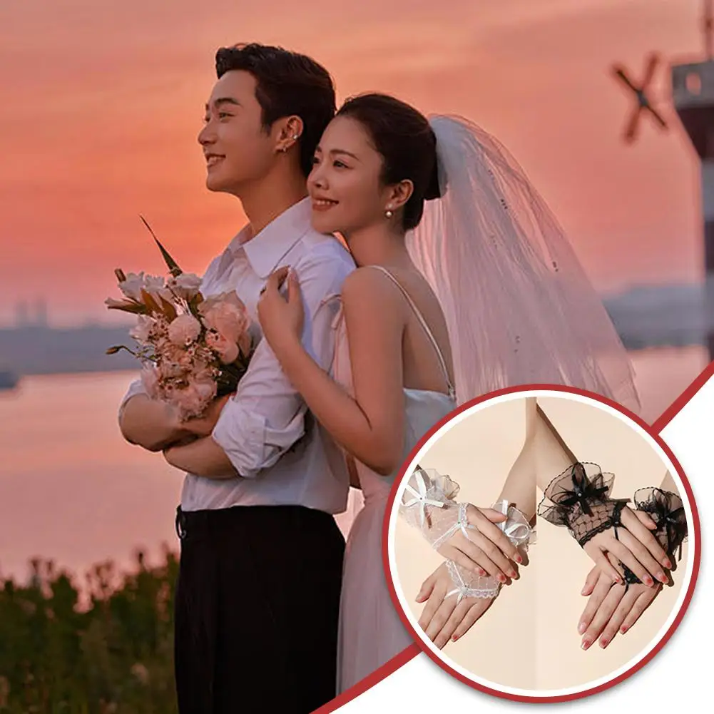 قفازات سوداء قصيرة قوطية للإناث ، دانتيل هاراجوكو ، يد زفاف للعروس ، شبكة صيد الهالوين ، قفازات شاش لوليتا ، قوس فستان ، كم ، F0L9