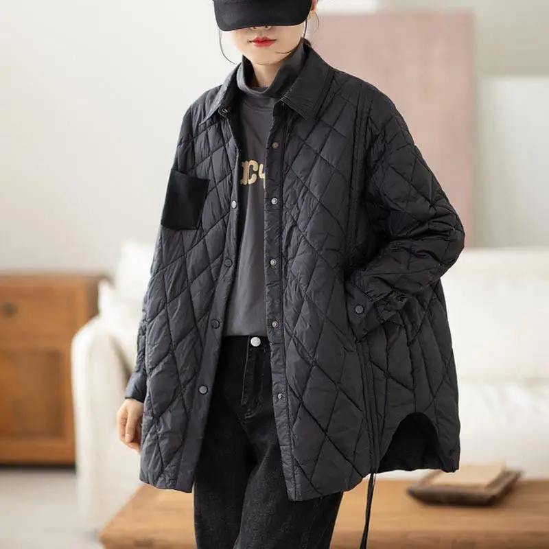 

Lightweight White Du down irt Collar Jaet with Side Dstring Large ape Knitted ket Simple Commute Sle Women's ...