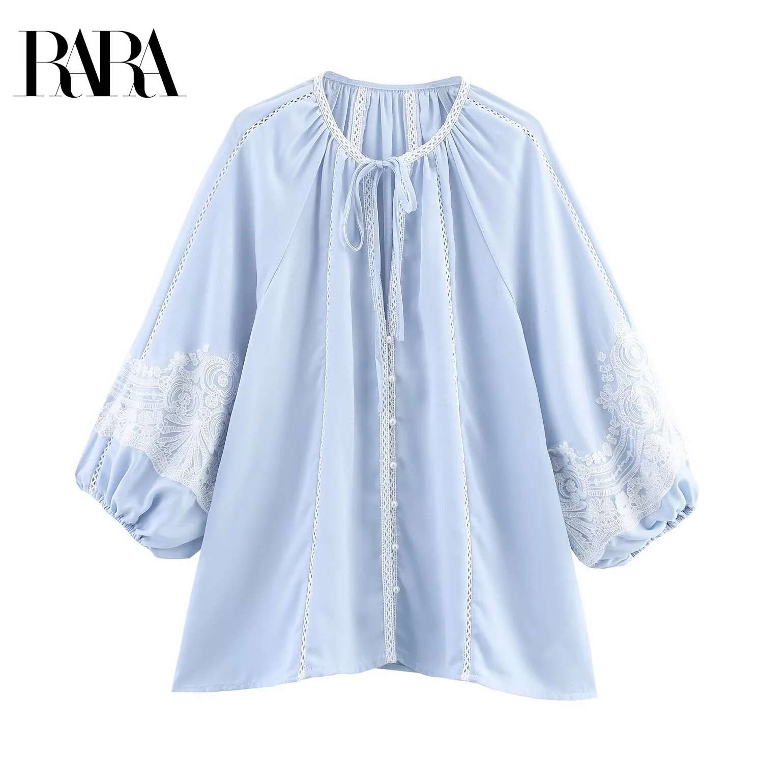 

RARA2025 new summer women's clothing loose temperament simple casual lace lantern sleeve round neck shirt
