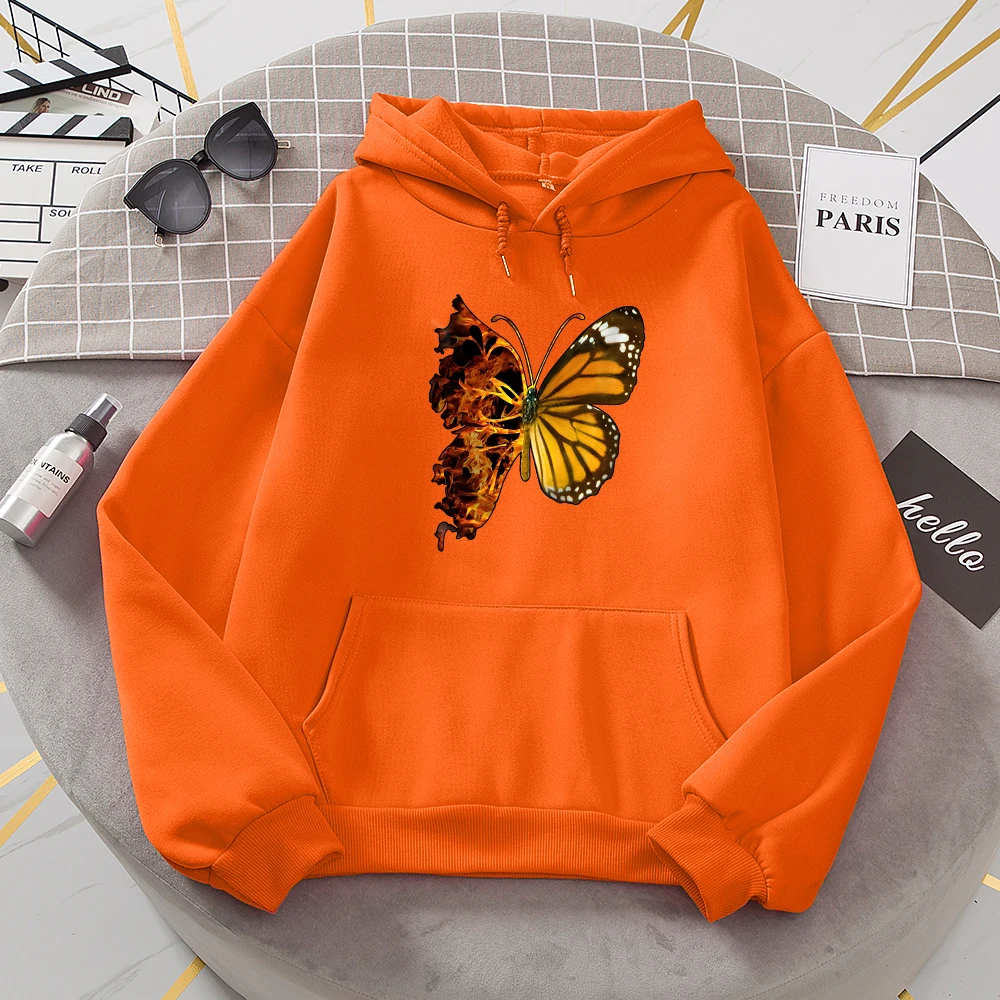 Flaming Butterfly Wings Hoodies Women Fashion Novelty All Match Hoodie Classic Trend New Clothes Loose O-Neck Fleece Sweatshirt