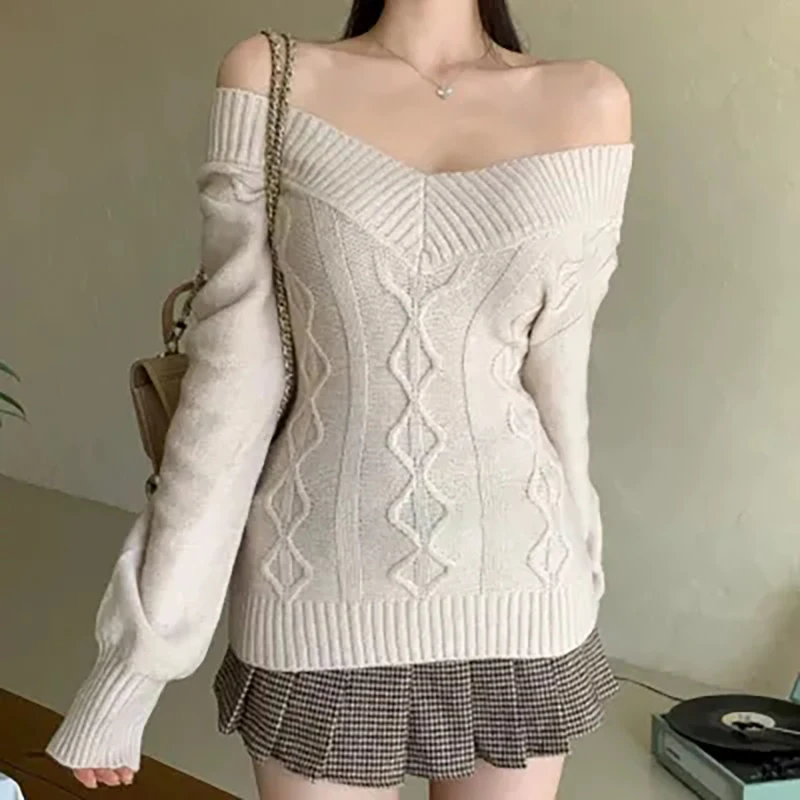 FIGOHR Korean V-neck slim fit long sleeved knitted sweater lantern sleeve one shoulder knitted sweater Spring Autumn 2025