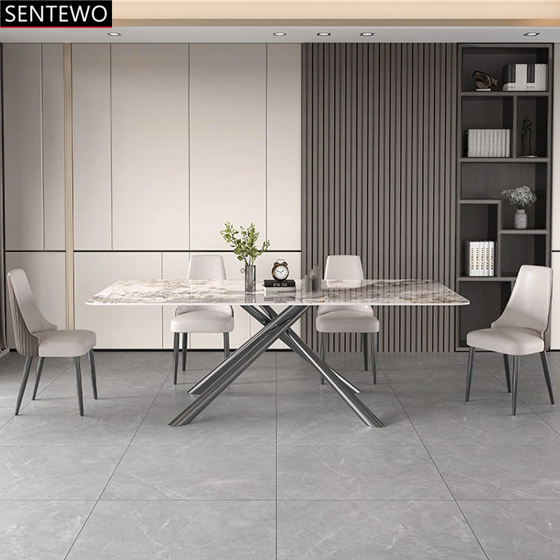 SENTEWO Ltalian Rock Slab Kitchen Dining Tables Chairs Set Carbon Steel Base Faux Marble Table Dinner Chair Set Meble Kuchenne