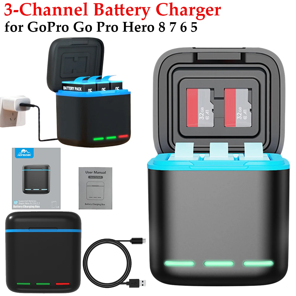 For GoPro Go Pro Hero 8 7 6 5 Camera Battery Charger Station 3-Channel Battery Charger with Type C Cable Batteries Storage Case