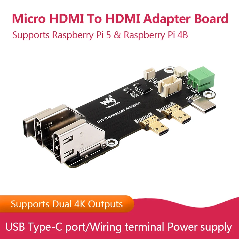 Micro HDMI to HDMI Multifunctional Adapter, Compatible with Raspberry Pi 5 / 4B, Supports Dual 4K Outputs