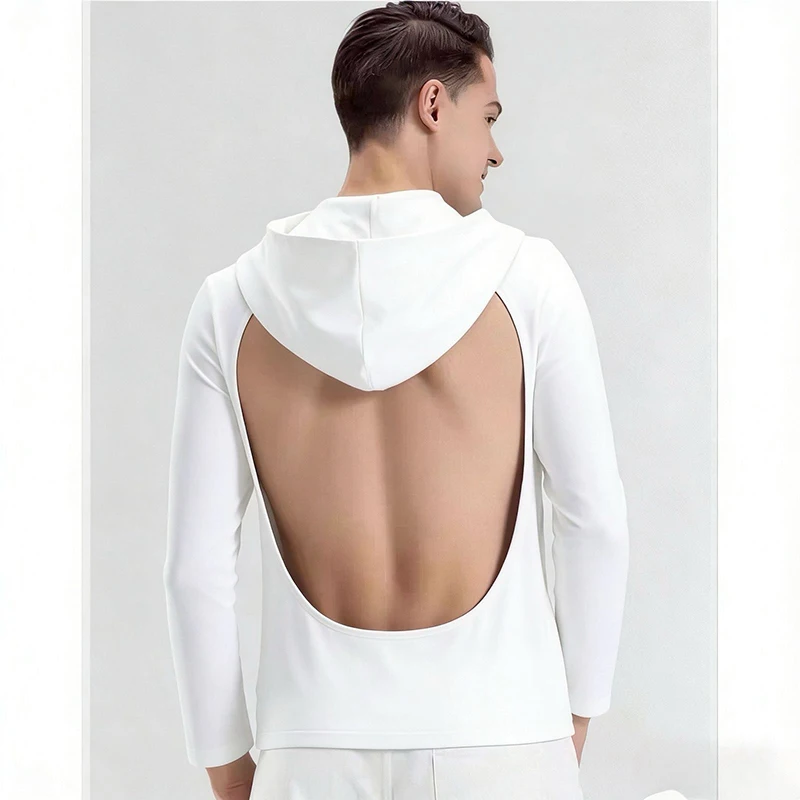 Men's Backless Hooded Sunbathing Shirt Summer Ice Silk Breathable UV Protection Long Sleeve Tops Plus Size Sunscreen Clothing