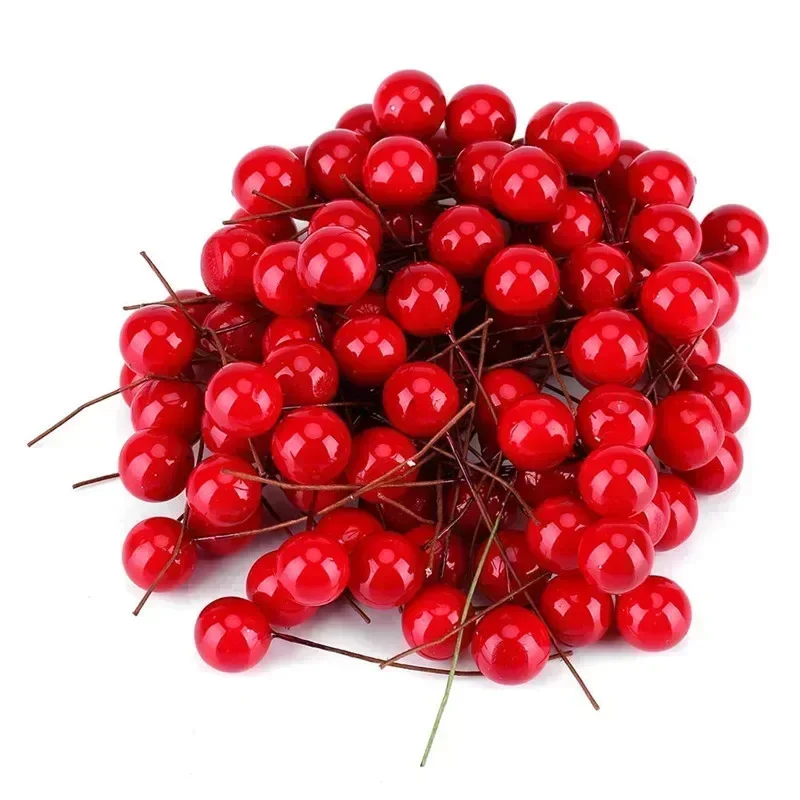 50/1000pcs Artificial Berries Red Fake Berry Cherry Stamen Beads Mini Floral Wreath Ornament Christmas New Year Party Gifts