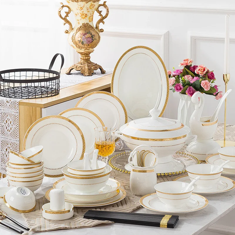 60 Pieces European Gold Edged Bone China Tableware Bowls Plates Spoon Soup Pot Ceramic Sets Kitchen Combination Tableware Set