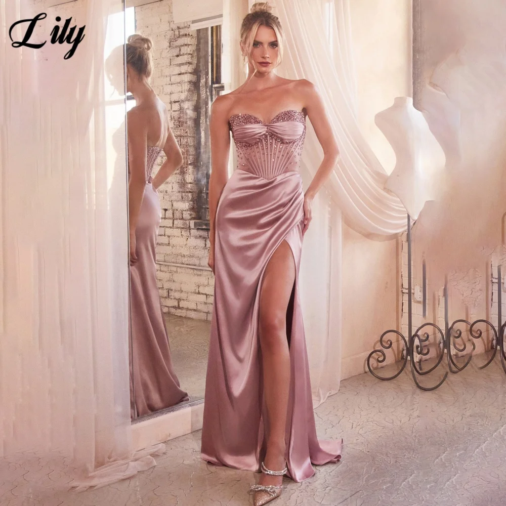 

Lily Sexy Modern Style Prom Dress Sweetheart Sleeveless Hollow Prom Gown with Fishbone Satin Beadwork Split Ball Gown Customized