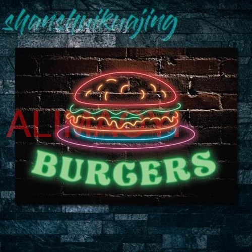 Burger neon, Burger led, Fast food neon Sign wall Decor Metal Plaque sign