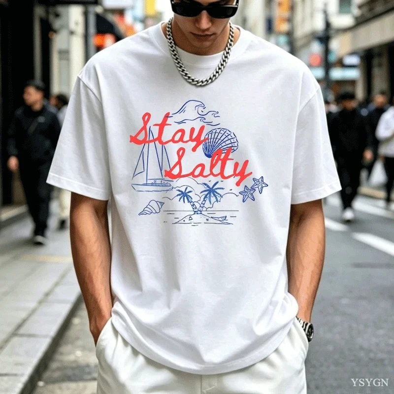 Stay Salty Graphic Tee Beachy Summer Cotton T Shirt Casual Round Neck Printed Short Sleeve T-shirts Man Comfortable Clothing