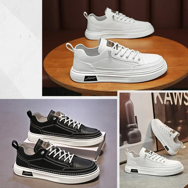 Sepatu kets kulit untuk pria, sepatu Sneakers divulkanisir, sepatu kasual musim gugur, sepatu bertali, sepatu desainer asli untuk pria Tenis2024