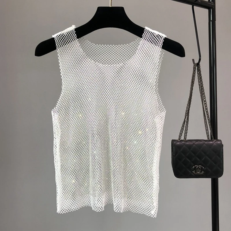 Damen Strass-Netz-Tanktop mit AB-Kristallen, ärmelloses, transparentes Überwurf-Oberteil für Nachtclub, Party, Festival, Weste, Kleid für Damen – Detail 7