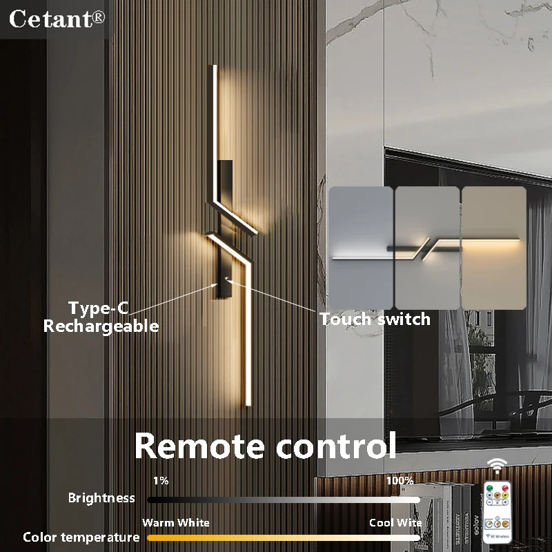 LED Wall Light Type-C Rechargeable Touch Button Smart Remote Control 60/80cm Light Bedroom Living Room Kitchen Indoor Lighting