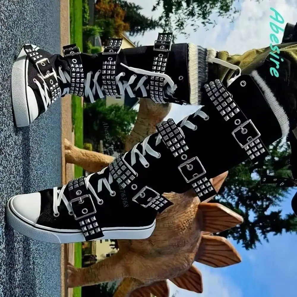 Punk Rivet Patchwork Multi-Buckle Knee High Boots Round Toe Platform Zipper Shoes for Women Rock Music Festival Fashion Shoes