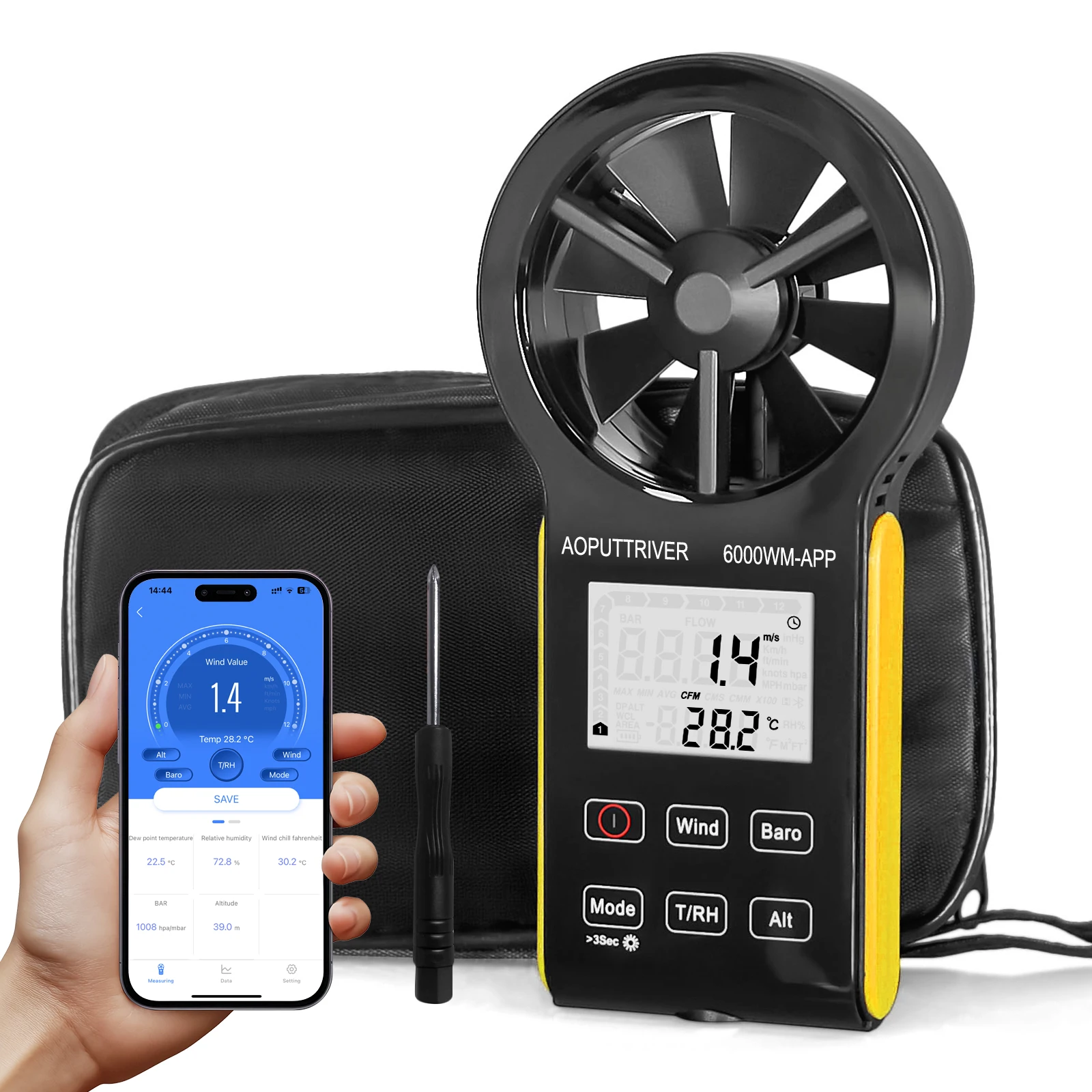 

Wind Speed Anemometer Bluetooth, Handheld Wind Gauge Measures Humidity/Atmospheric Pressure/Temp/Dew Point/Wind Chill