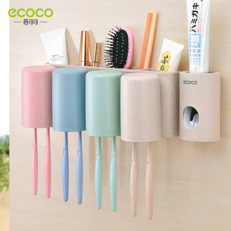 ECOCO Automatic Toothpaste Squeezer Bathroom Mouthwash Cup Toothbrush Holder Toiletries Rack Couple Set Family Shelf Wall Mount