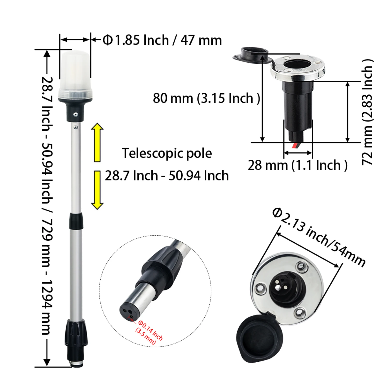 Telescopic Stern Light, Navigation All Round White LED Anchor, USCG 2NM, Removable 2-Pin Plug-in Base, 12-24VDC, 29.5-44 Inches