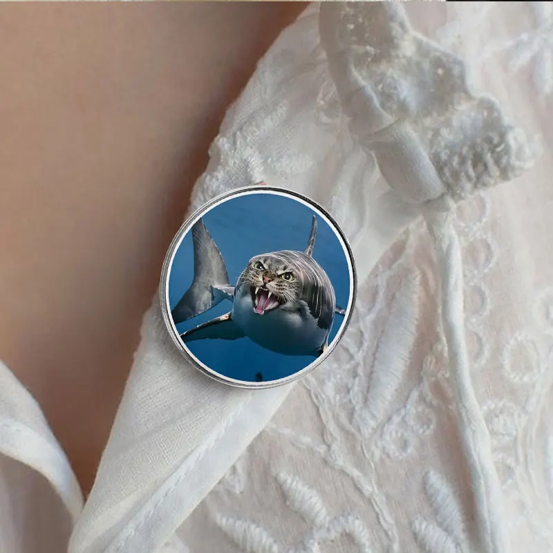 Hysterical Shark Body Cat Head Meme UV Printing Badge Ocean Predator Funny Hybrid Pin Jewelry Gifts For Internet Meme Lovers