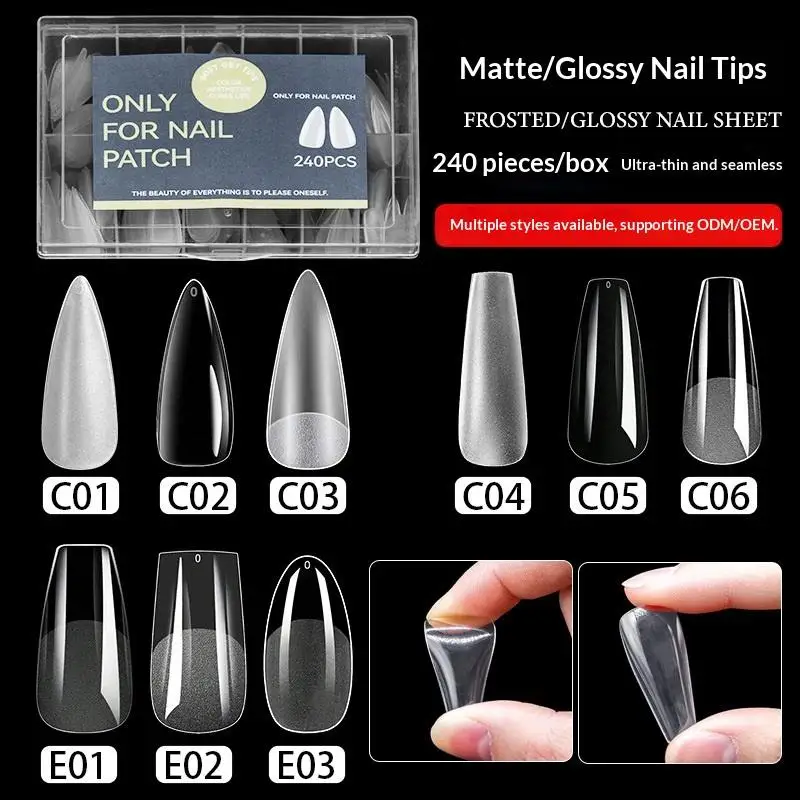 240pcs False Nail Tips Soft Gel Fingertip Semi-matte Capsules Almond Teardrop T-shape Full Cover Artificial Fake Nails Extension
