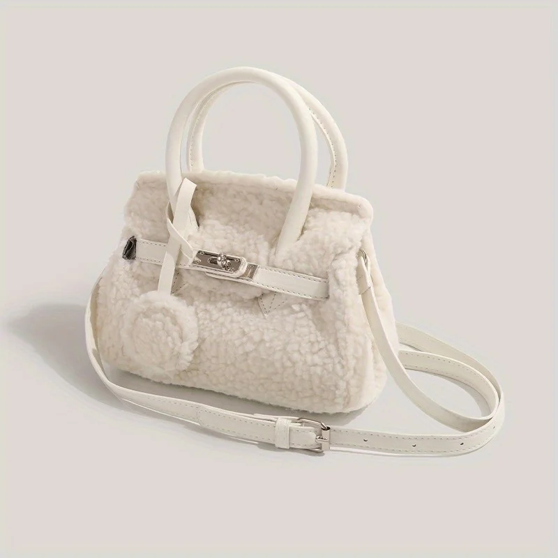 Ladies' Fashionable White Imitation Lamb Wool Crossbody Bag - Soft And Fluffy, Multifunctional With Kiss Lock Closure