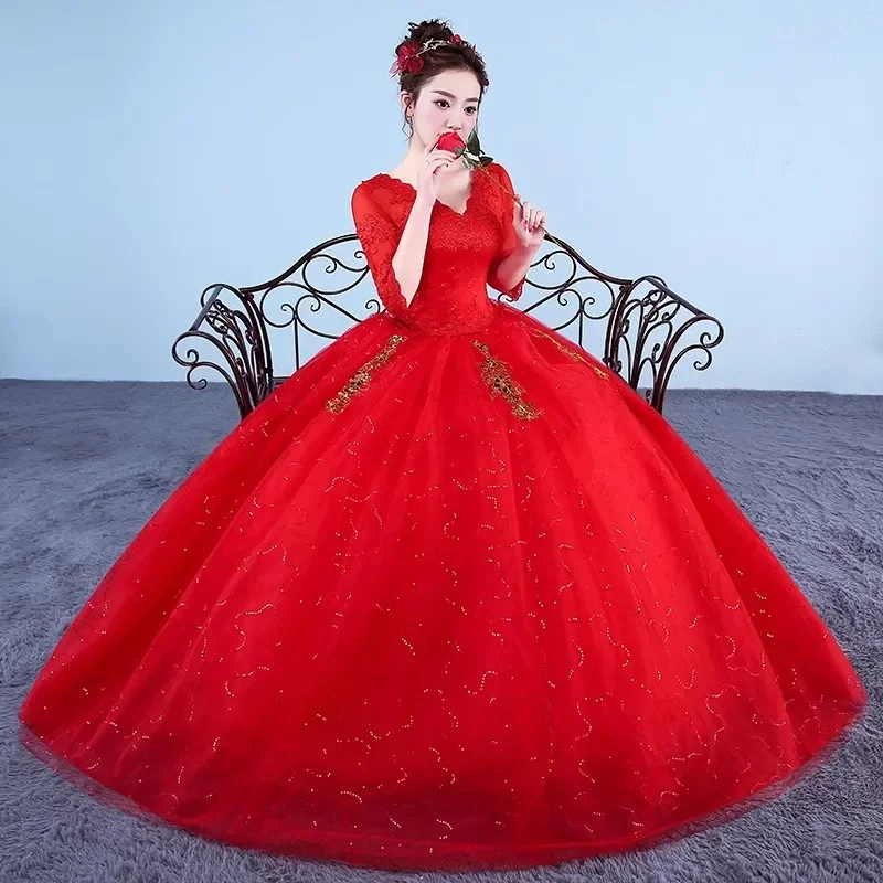 Cheap Red Wedding Dresses Tulle V-neck Half Sleeves Lace up Sequins Bling Floor-length Princess Plus size Bride Ball Gowns XN095