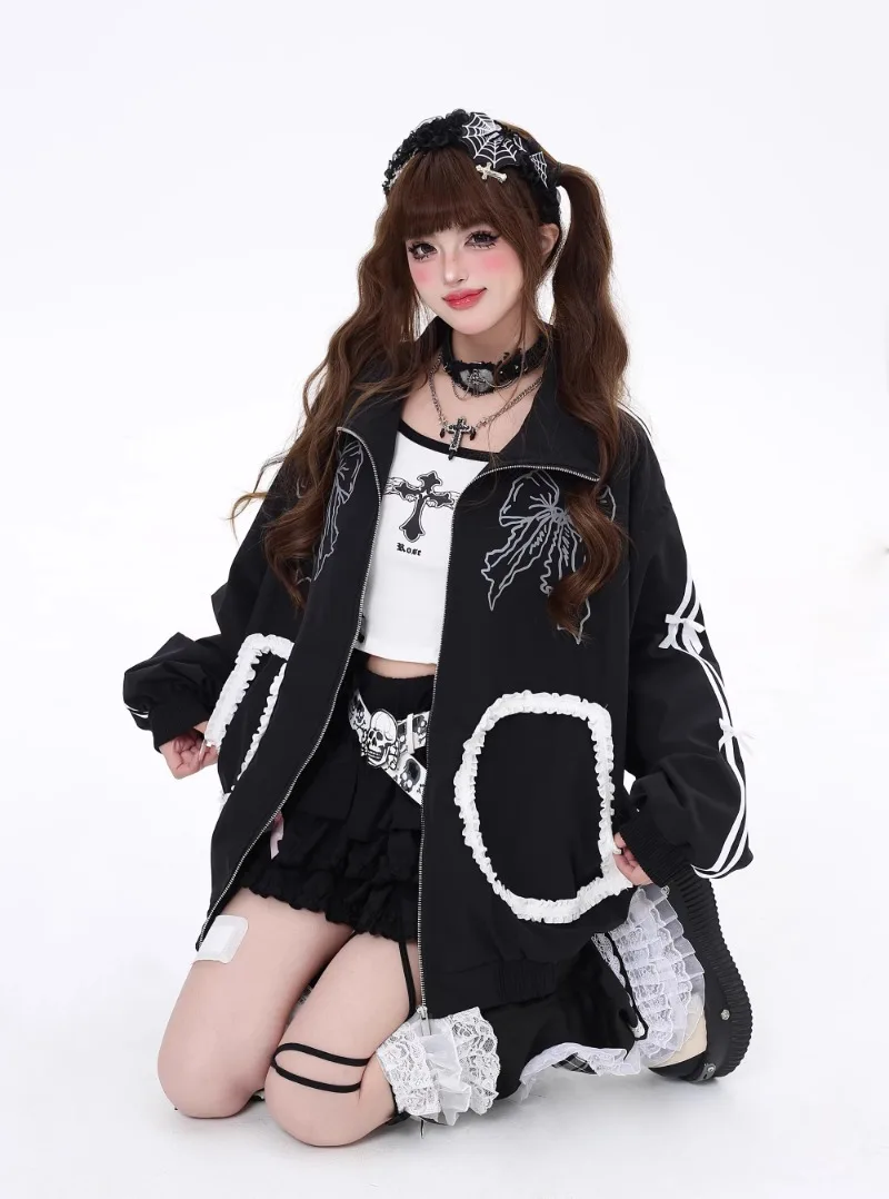 American Retro Sweet And Cool Girl Sports Style Sweatshirt Bow Thin Zipper Loose Coat Top New Autumn Aesthetic Clothes Sudaderas