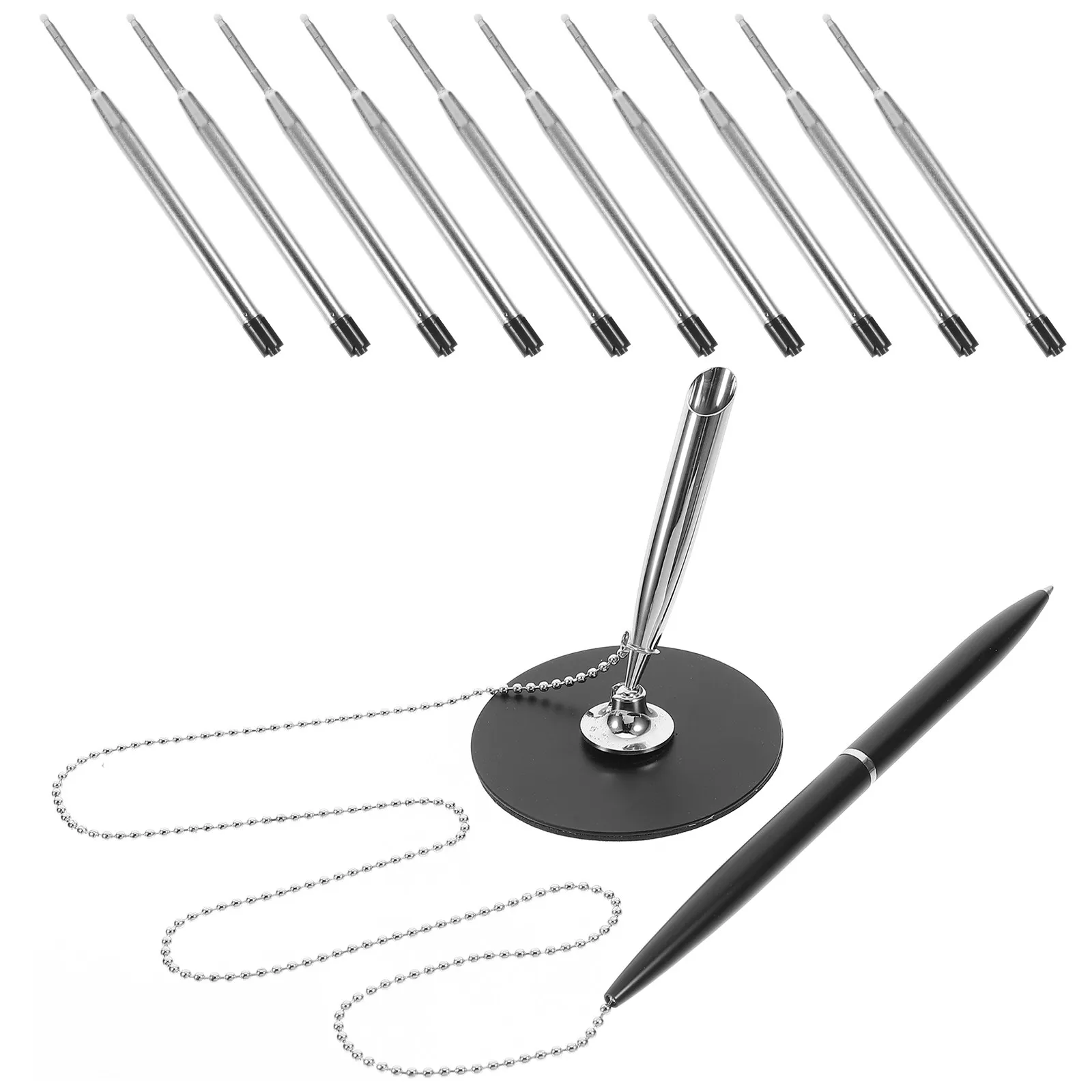 1Set Rotating Signature Pen Metal Table Fixed Writing Pen with Chain Smooth Ink Comfort Grip for Office Hotel Bank Business