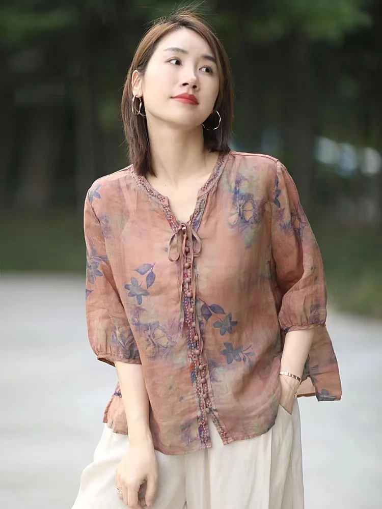 Retro chińska bluzka damska z nadrukiem, z bawełny i lnu, letnia, cienka, codzienna, luksusowa, modna, o luźnym kroju.
