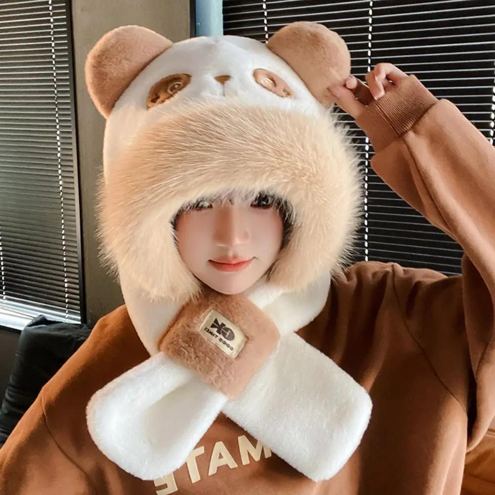 Earmuff 3 in 1 Capybara Hat Scarf Set Panda Cartoon Furry Scarf Cap Set Casual Fluffy Cartoon Plush Hat Lady