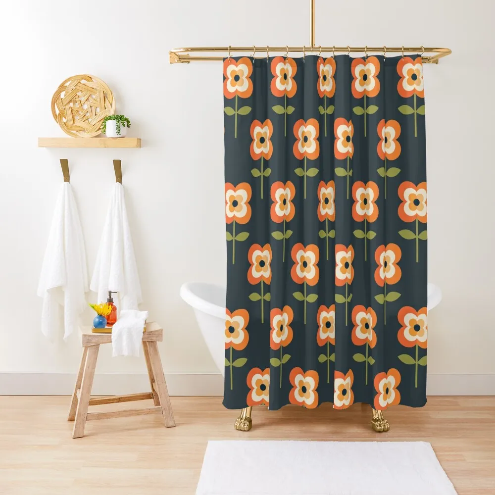 

Retro Flower - Orange and Charcoal Shower Curtain Waterproof Shower Bathroom For Shower Bathroom Box Bathroom Curtain