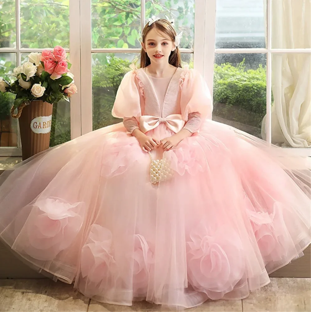 

Flowers Pleat Half Puff Sleeve Princess First Communion Dress Bow Floor Length Long Ball Wedding Flower Girl Dress Customized