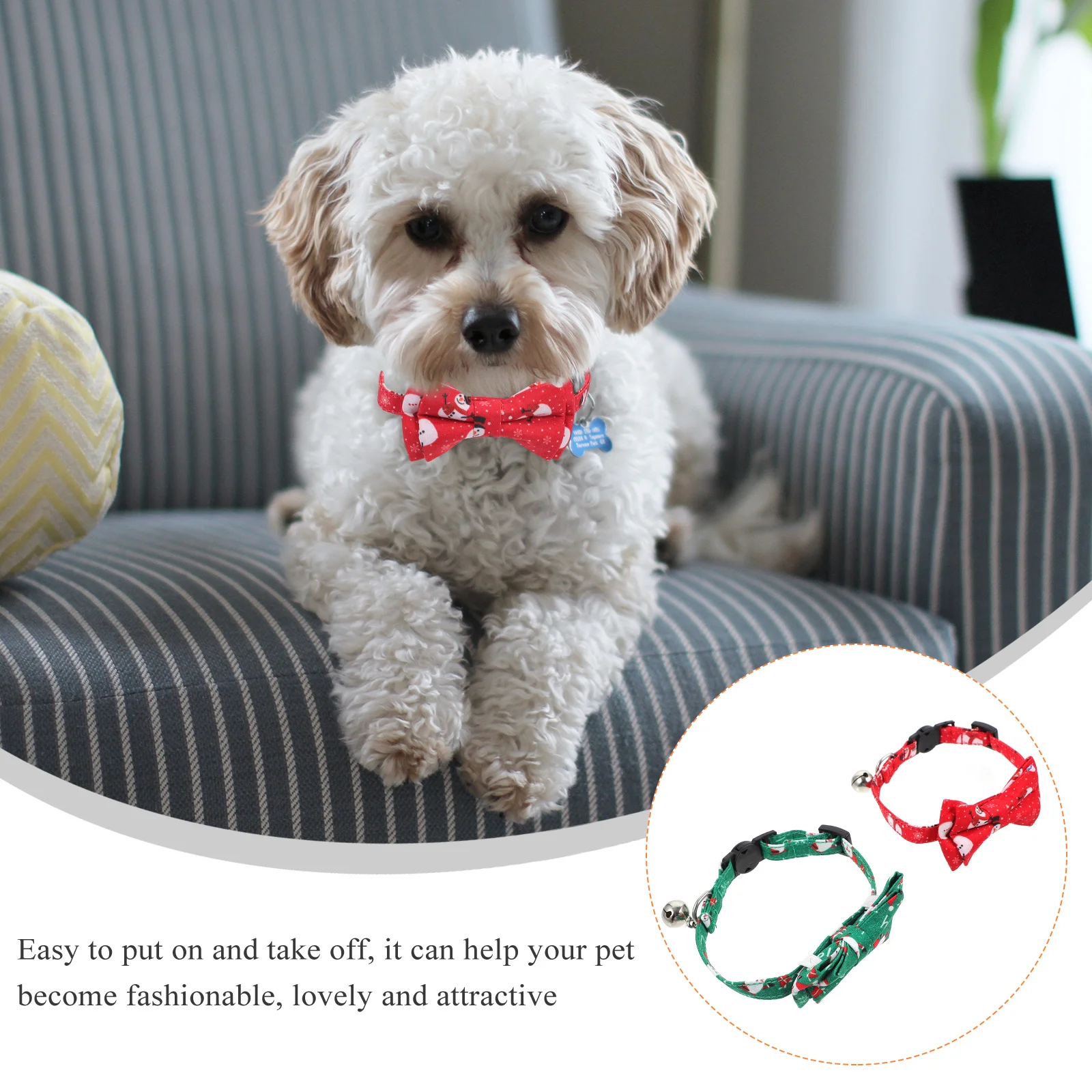 

2Pcs Pet Collar Christmas Pattern Bow Bell Lightweight Comfortable Cat Collar Durable for Holiday and Photo Props