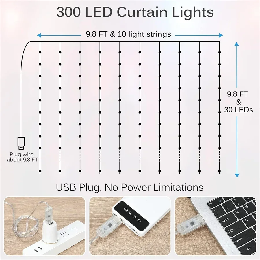 Tirai jendela pintar LED 3X3M 300 LED, lampu peri warna RGBIC, kontrol aplikasi peri, lampu es untuk dekorasi pesta pernikahan