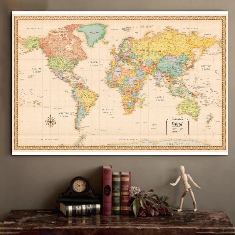 The World Map Classic Edition Vinyl Spray Map Decorative Hanging Picture Poster Prints for School Home Office Supplies 120x80cm