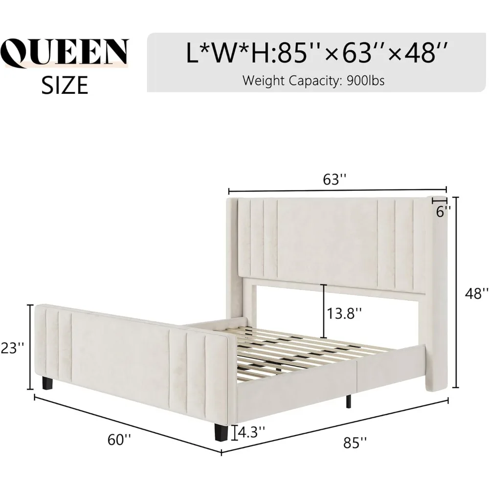 Queen Size Bed Frame, Velvet Upholstered Platform Bed with Vertical Channel Tufted Headboard & Footboard/Wingback, Matt